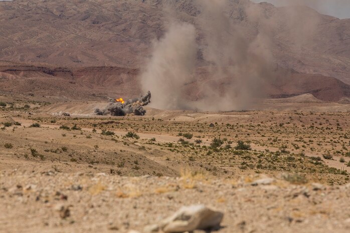 U.S. Marines with Company C, 1st Battalion, 7th Marine Regiment, conduct fire integration support team (FiST) exercise as a part of Large Scale Exercise (LSE) at Marine Corps Air Ground Combat Center Twentynine Palms, Calif., Aug. 16, 2015. LSE is a joint forces exercise conducted at the brigade level designed to enable live, virtual, and constructive training for participating units and allows participating nations to strengthen partnerships and their ability to operate together. (U.S. Marine Corps photo by Lance Cpl. Clarence A. Leake/Released)