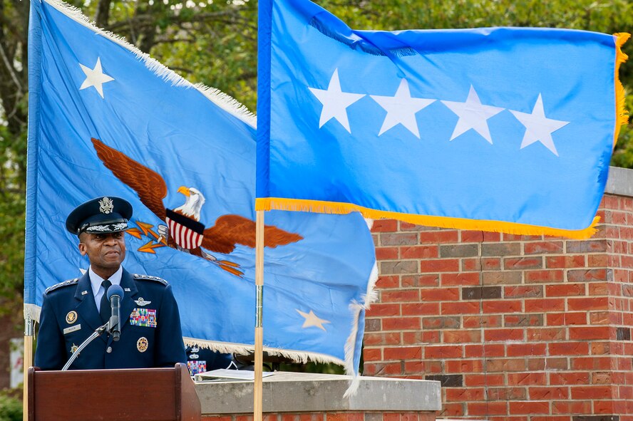 Gen. Darren W. McDew addresses the audience and troops during the U.S. Transportation Command assumption of command ceremony at Scott Air Force Base, Ill., Aug. 26, 2015. (U.S. Air Force photo/Senior Airman Tristin English)