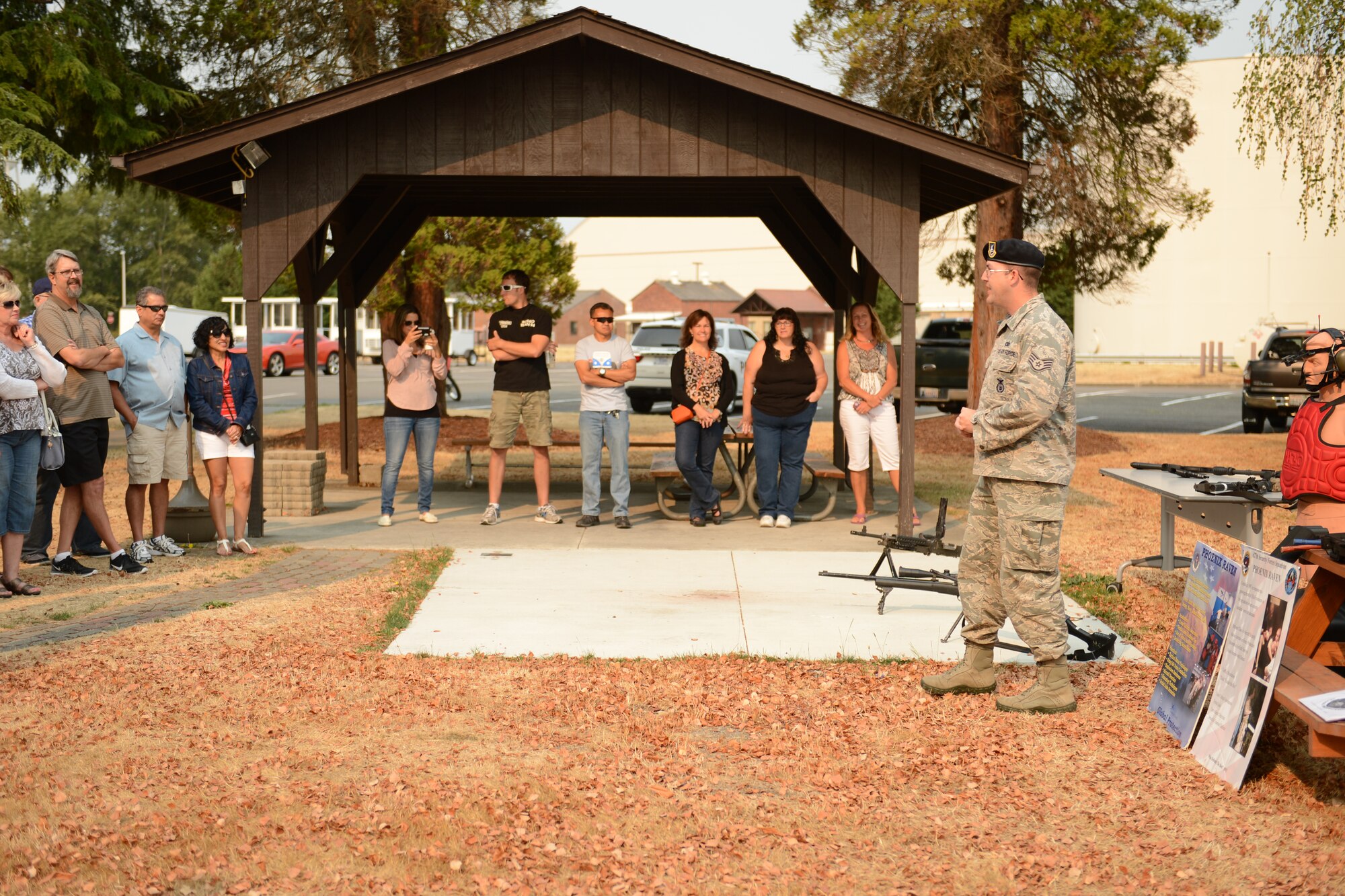Staff Sgt. James Kirk, 627th Security Forces Squadron NCO in charge of the armory, gives a demonstration to the McChord Pathfinders Aug. 22, 2015, on Joint Base Lewis-McChord, Wash. The McChord Pathfinders, a group of retired security forces Airmen that were stationed at JBLM, visited the 627th SFS to see how it has changed since their last time there. (U.S. Air Force photo/Airman 1st Class Keoni Chavarria)