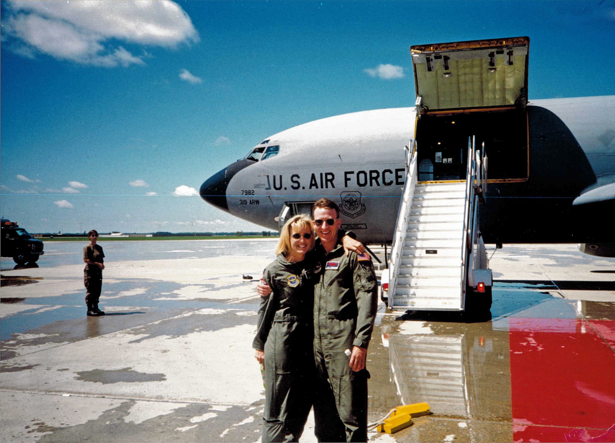 Col. Laura Lenderman, 375th Air Mobility Wing commander, with her husband Col. Dave Lenderman in front of a KC-135. After graduating pilot training, the Lendermans both chose to fly the KC-135 refueling aircraft and were assigned to Grand Forks AFB, North Dakota. Flying the KC-135 together, the Lendermans got the unique opportunity to spend most of their assignments together, including overseas deployments, where they would serve together in places such as France, Saudi Arabia, and Turkey. (Courtesy photo)