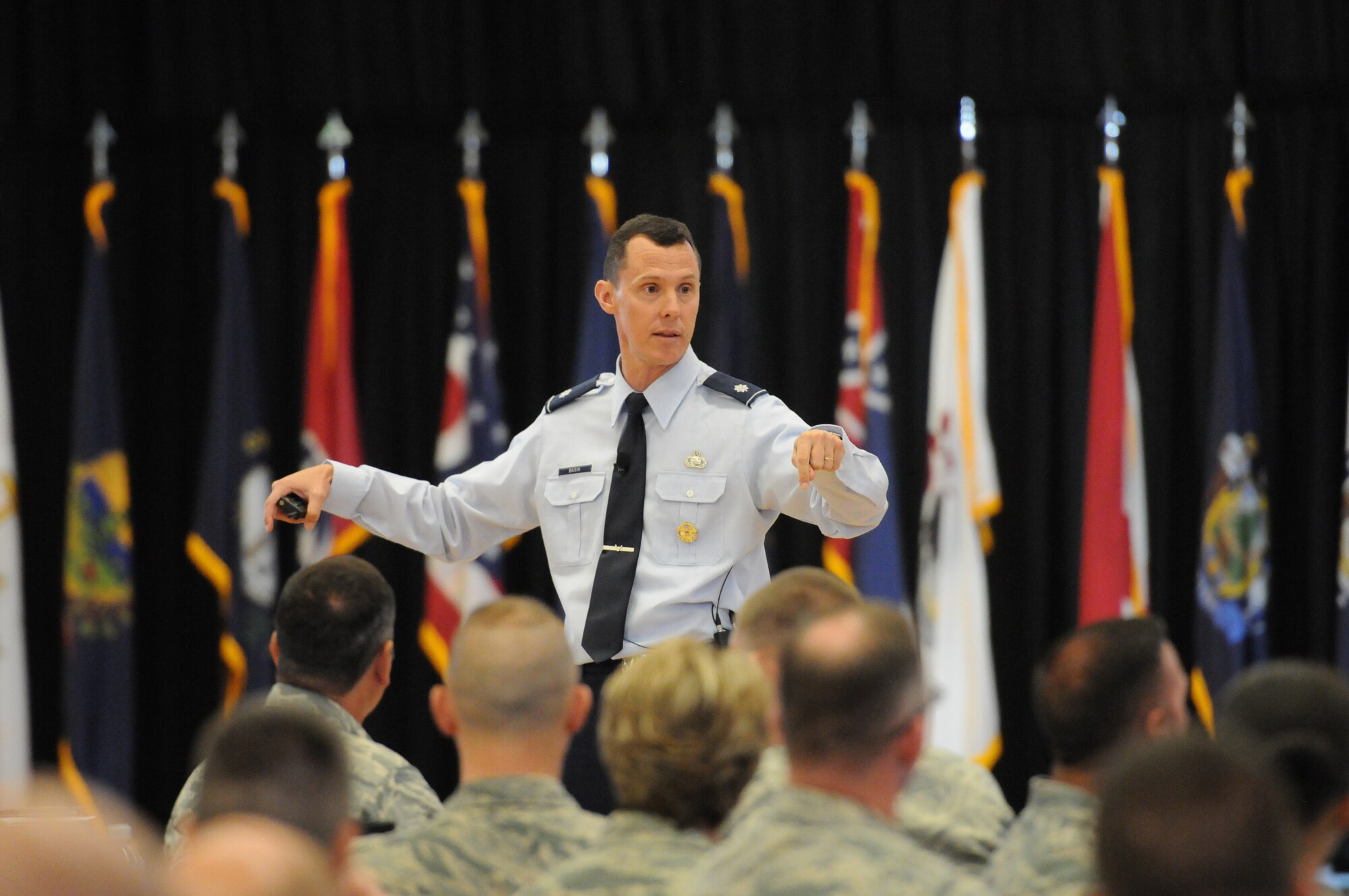 Air Force Lt. Col. Kevin Basik, Air Force representative to the Secretary of Defense for Military Professionalism, talks about better ways to communicate as a supervisor during the Air National Guard’s Enlisted Leadership Symposium, at Camp Dawson, W. Va., Aug 18, 2015. ELS is designed for enlisted Airmen of all ranks to receive professional development that can be used to better enhance Airmen’s careers. (U.S. Air National Guard photo by Master Sgt. David Eichaker/released)