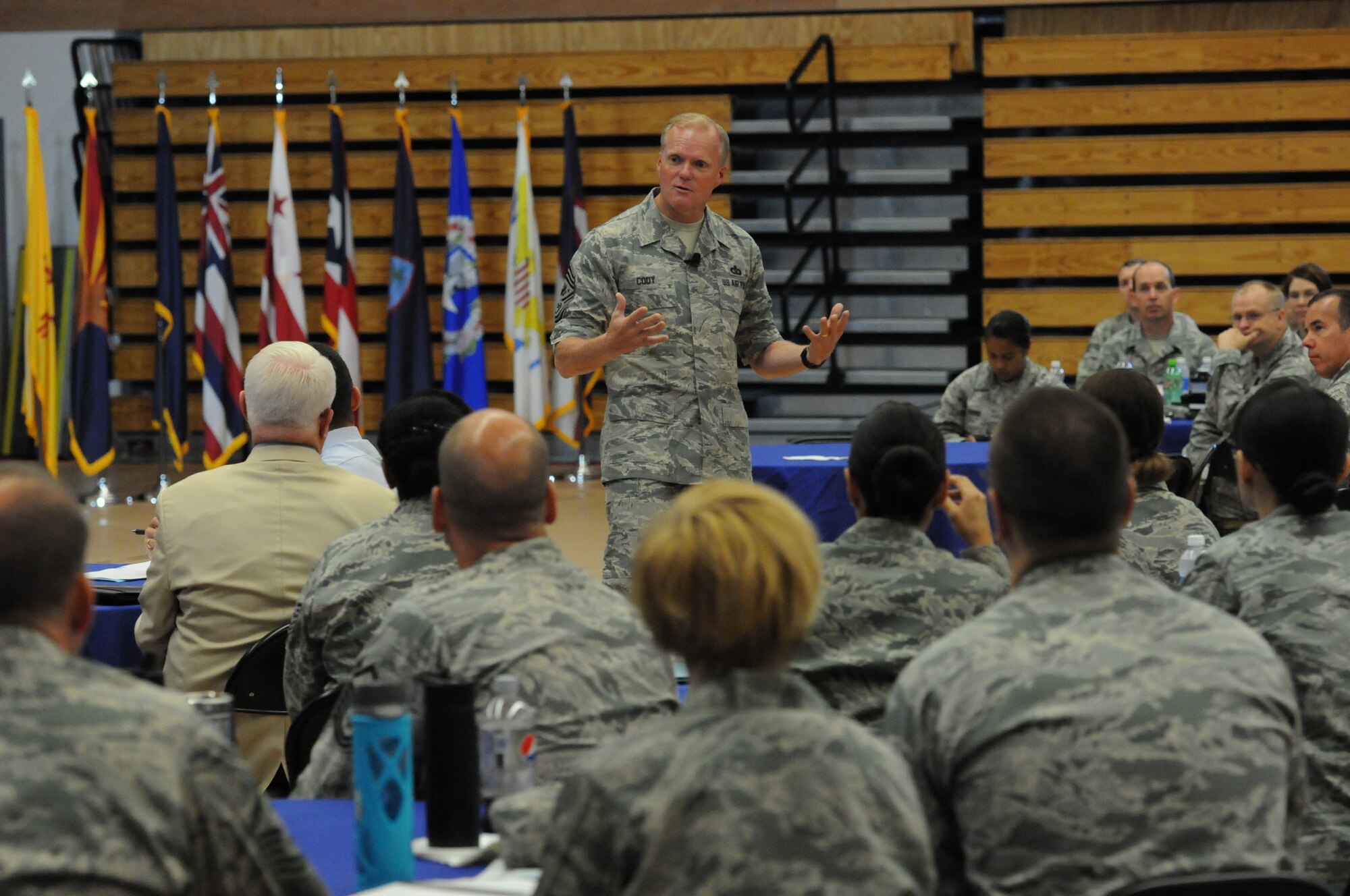 Chief Master Sgt. of the Air Force James A. Cody, speaks with Airmen at the 2015 Air National Guard Enlisted Leadership Symposium, at Camp Dawson, W. Va., Aug 18, 2015. ELS is designed for enlisted Airmen of all ranks to receive professional development that can be used to better enhance Airmen’s careers. (U.S. Air National Guard photo by Master Sgt. David Eichaker/released)