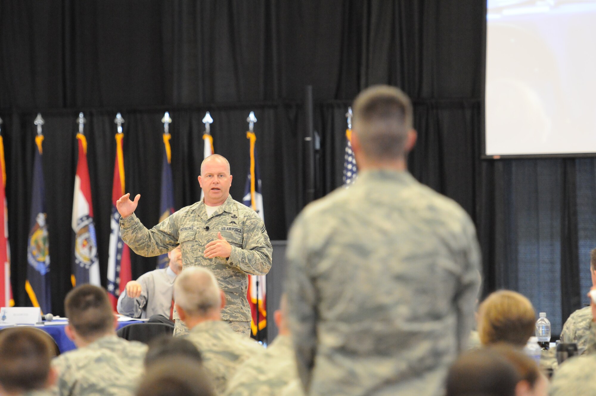 Chief Master Sgt. James W. Hotaling, command chief master sergeant of the Air National Guard, speaks at the Air National Guard’s Enlisted Leadership Symposium, at Camp Dawson, W. Va., Aug 18, 2015. ELS is designed for enlisted Airmen of all ranks to receive professional development that can be used to better enhance Airmen’s careers. (U.S. Air National Guard photo by Master Sgt. David Eichaker/released)