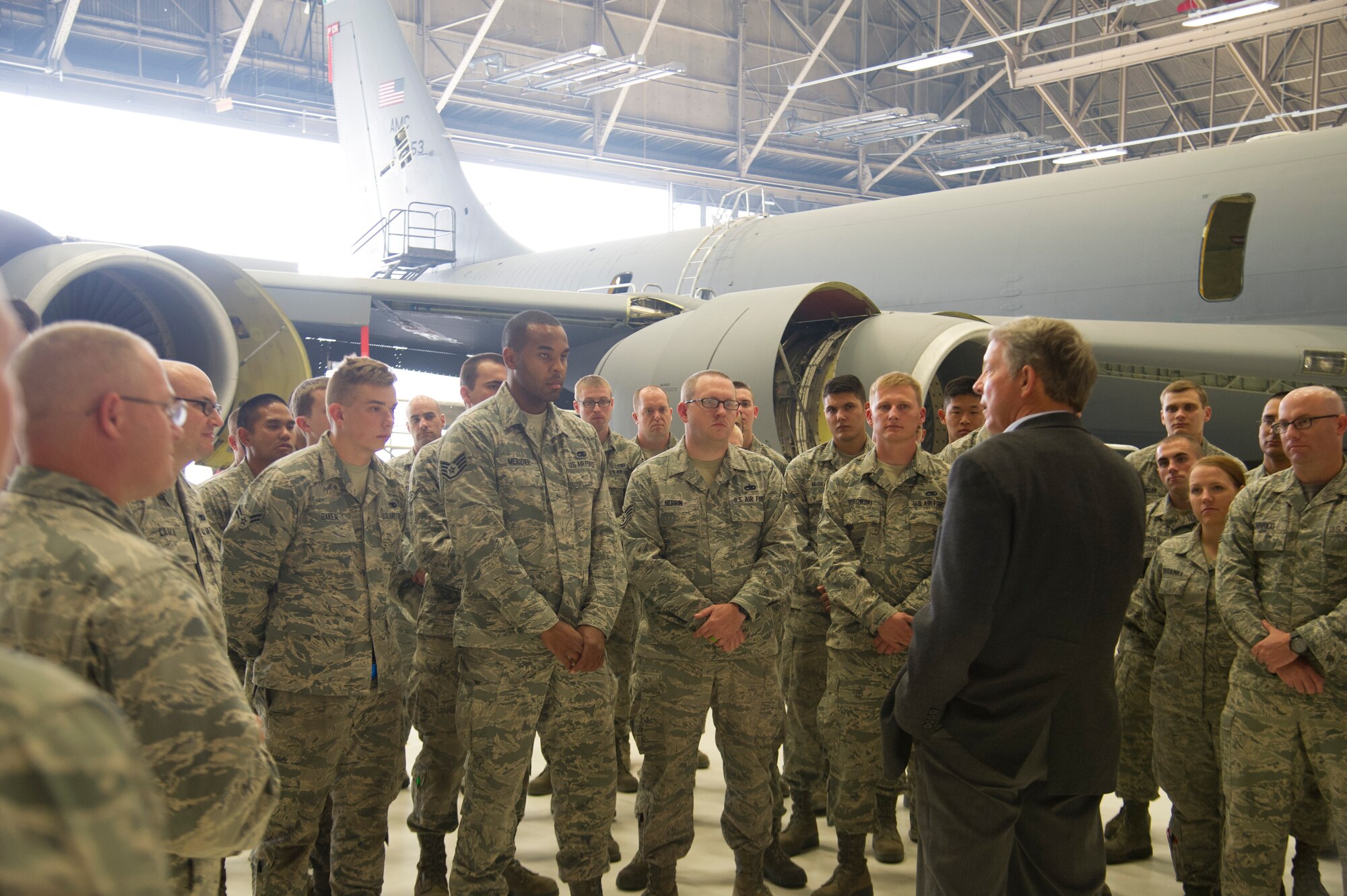 Fifteenth Chief Master Sgt. of the Air Force Rodney McKinley speaks with maintainers during his base visit Aug. 21, 2015, at Fairchild Air Force Base, Wash. McKinley mentored the maintainers and told them to continue working hard because people do notice the hard workers and their impact on the mission. (U.S. Air Force photo/Airman 1st Class Nicolo J. Daniello)