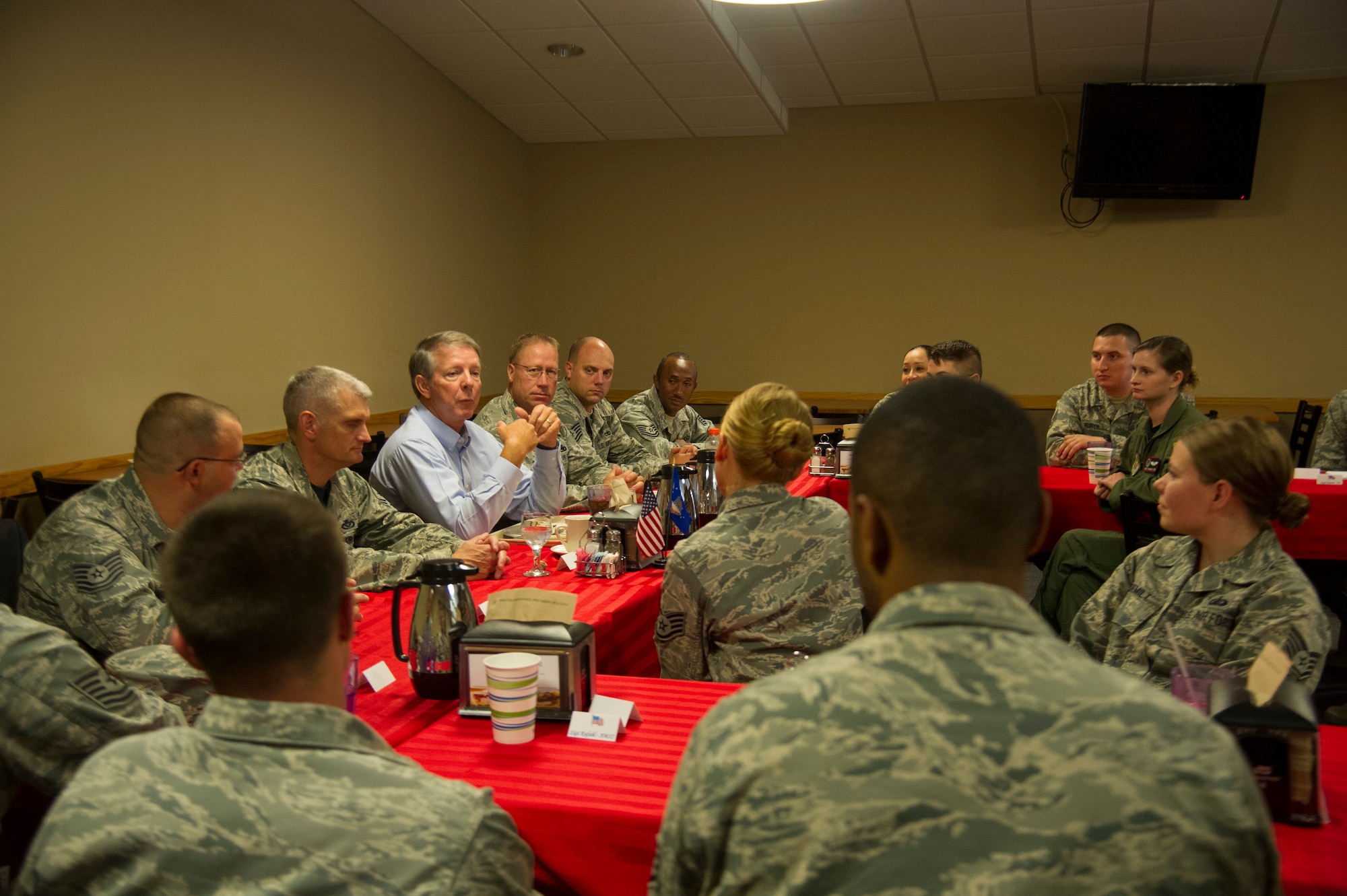 Fifteenth Chief Master Sgt. of the Air Force Rodney McKinley speaks to NCOs during an NCO lunch Aug. 21, 2015, at Fairchild Air Force Base, Wash. During his visit McKinley had the opportunity to visit different work centers and have breakfast with Airmen and lunch with NCOs to answer questions and speak about concerns they had, if any. (U.S. Air Force photo/Airman 1st Class Nicolo J. Daniello)