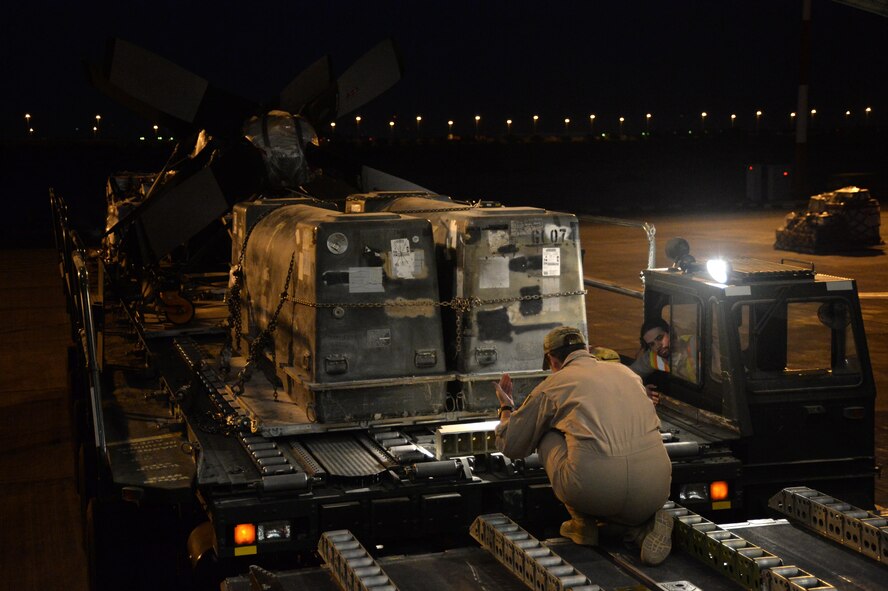 U.S. Air Force Senior Airman Rebecca, 816th Expeditionary Airlift Squadron loadmaster, guides a pay-loader to load cargo on board a C-17 Globemaster III in support of Operation Inherent Resolve in Kuwait, August 14, 2015. OIR is the military intervention against Daesh. (U.S. Air Force photo by Staff Sgt. Sandra Welch) 