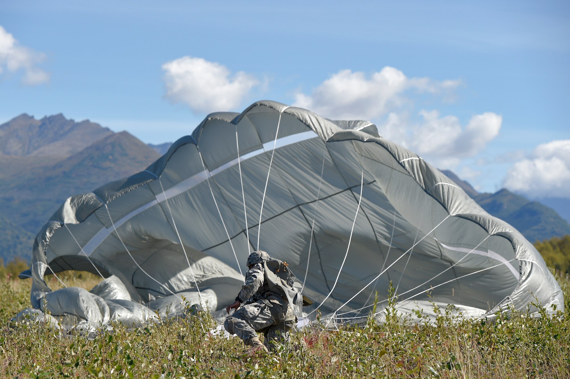 Pfc. Chris Smart, a paratrooper assigned to 1st Battalion (Airborne), 501st Infantry Regiment, 4th Infantry Brigade Combat Team (Airborne), 25th Infantry Division, U.S. Army Alaska, recovers his parachute after conducting a practice jump on Malemute drop zone, Joint Base Elmendorf-Richardson, Alaska, Aug. 24, 2015. Japanese Ground Self-Defense Force and U.S. Army paratroopers conducted the practice jump utilizing Royal Australian and U.S. Air Force aircraft as part of Pacific Airlift Rally 2015, a biennial, multilateral tactical military symposium designed to enhance military airlift interoperability and cooperation between nations of the Pacific region for future humanitarian missions. (U.S. Air Force photo/Alejandro Pena) 