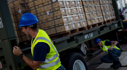 Sailors, Marines and civilians with the Navy Munitions Command Unit Charleston and Marine Corps Systems Command secure cargo to be uploaded to the USNS Lewis and Clark (T-AKE-1) March, 25, 2015, at Naval Weapons Station Wharf Alpha, Charleston, S.C. The Lewis and Clark is a replenishment naval vessel. In 2012, USNS Lewis and Clark became one of 12 ships that comprise the United States Marine Corps Maritime Prepositioning Program. Prepositioning ships provides quick and efficient movement of military equipment/supplies between operating areas without reliance on other nations' transportation networks. These ships assure U.S. regional combatant commanders they will have what they need to quickly respond in a crisis - anywhere, anytime. (U.S. Air Force photo/Airman 1st Class Clayton Cupit)