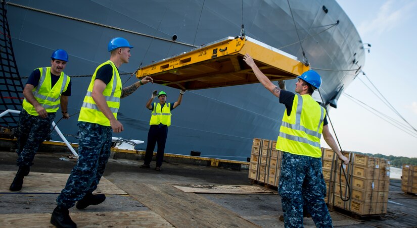 Sailors, Marines and civilians with the Navy Munitions Command Unit Charleston and Marine Corps Systems Command upload cargo to the USNS Lewis and Clark (T-AKE-1) March, 25, 2015, at Naval Weapons Station Wharf Alpha, Charleston, S.C. The Lewis and Clark is a replenishment naval vessel. In 2012, USNS Lewis and Clark became one of 12 ships that comprise the United States Marine Corps Maritime Prepositioning Program. Prepositioning ships provides quick and efficient movement of military equipment/supplies between operating areas without reliance on other nations' transportation networks. These ships assure U.S. regional combatant commanders they will have what they need to quickly respond in a crisis - anywhere, anytime. (U.S. Air Force photo/Airman 1st Class Clayton Cupit)