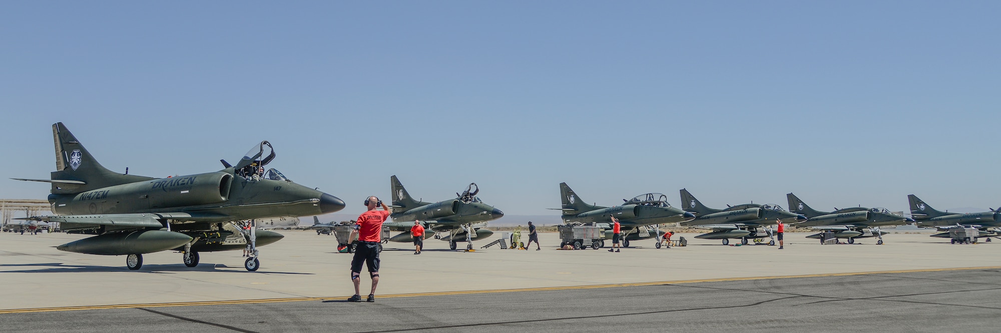 Four Draken A-4s prepare for flight Aug. 21, while the other two stay behind on the flightline. (U.S. Air Force photo by Rebecca Amber)
