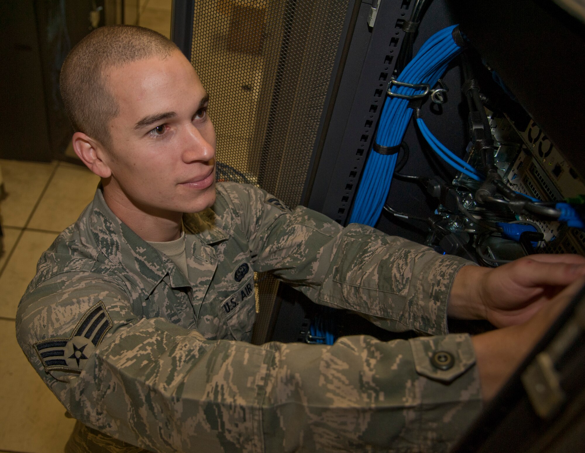 Senior Airman Colby Kurtzman is assigned to the 92nd Communications Squadron as a cyber-transport technician at Fairchild Air Force Base, Wash. Kurtzman configures, deploys and maintains unclassified and classified network equipment for the base. His leadership selected him as one of Fairchild’s Finest, a weekly recognition program that highlights top-performing Airmen. (U.S. Air Force photo/Airman 1st Class Taylor Bourgeous)
