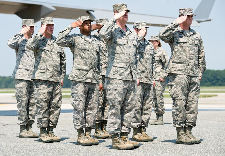 A carry team from Air Force Mortuary Affairs Operations participates in a dignified transfer during a mass fatality training exercise Aug. 17, 2015 at Dover Air Force Base, Del. The 7-day exercise tested AFMAO’s ability to respond to a mass casualty incident. It is AFMAO’s mission and privilege to fulfill our nation’s sacred commitment of ensuring dignity, honor and respect to our nation’s fallen, as well as care, service and support to their families. (U.S. Air Force photo/Roland Balik)