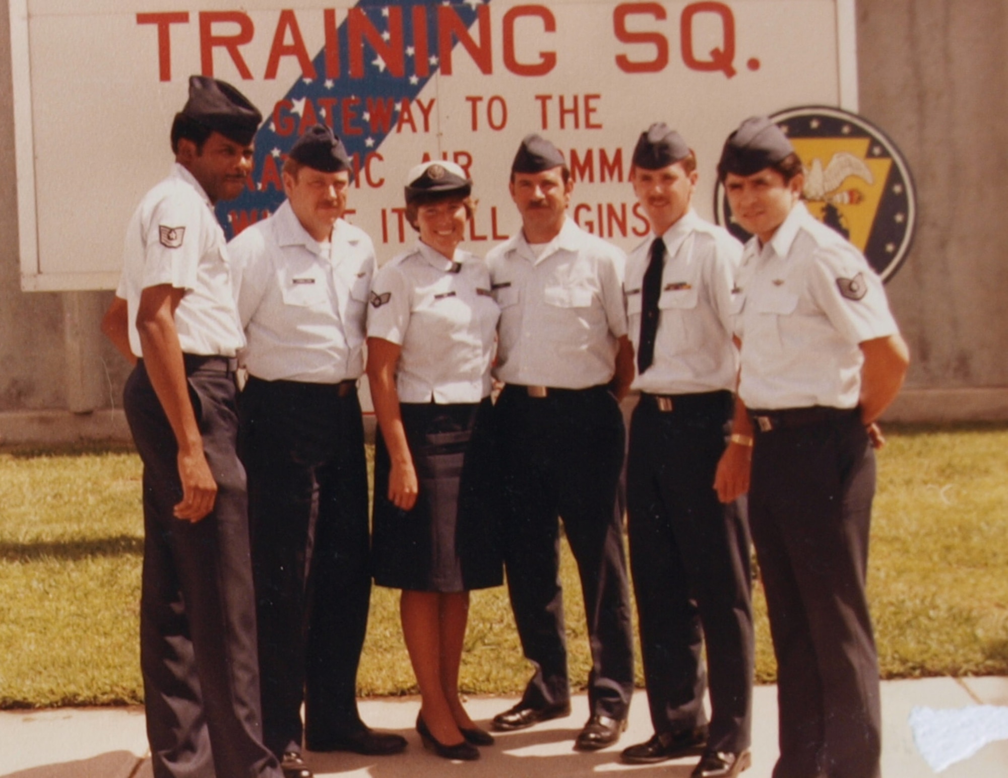 Sgt. Desiree Loy (center) poses for a photograph with her fellow boom operators at Castle Air Force Base, Calif., in 1985.  Loy, a boom operator assigned to the 157th Air Refueling Group at Pease Air Force Base, N.H., was killed during a training flight at Beale AFB, Calif., Aug. 27, 1985. (Courtesy photo) 