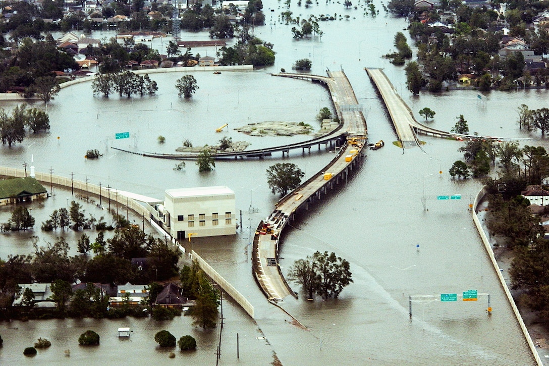 An aerial view shows flooded roadways as the Coast Guard flies over New Orleans, Aug. 29, 2005, to assess initial Hurricane Katrina damage. U.S. Coast Guard photograph by Petty Officer 2nd Class Kyle Niemi 