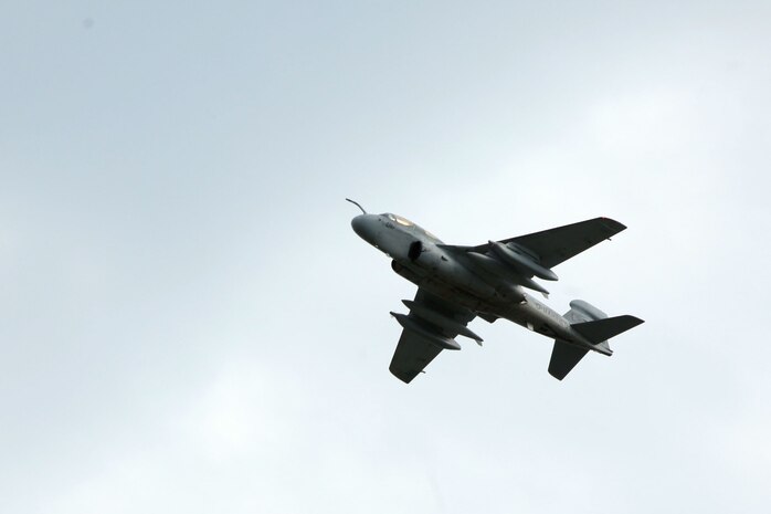 An EA-6B Prowler soars in the sky during Marine Tactical Electronic Warfare Training Squadron 1’s last flight operations for the Prowler at Marine Corps Auxiliary Landing Field Bogue, Aug. 20, 2015. Four student pilots are among the last to learn how to fly the Prowler due to its transitioning out of the Marine Corps starting in 2016.