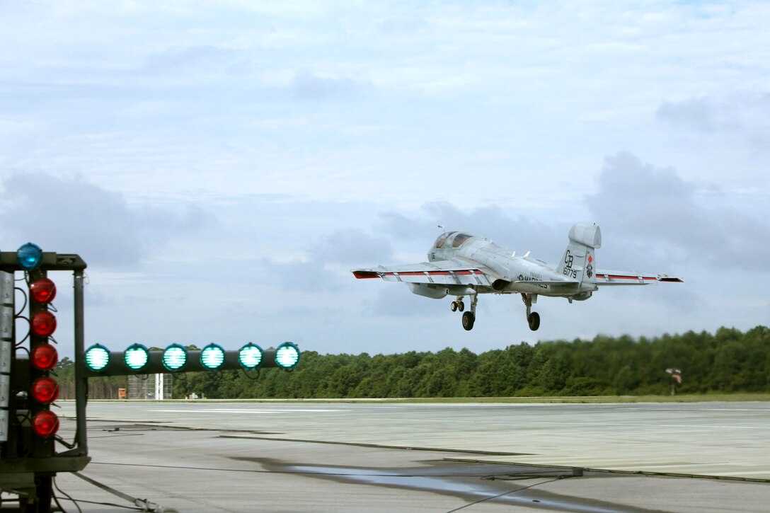 An EA-6B Prowler takes off from a “touch and go” landing during Marine Tactical Electronic Warfare Training Squadron 1’s last flight operations for the Prowler at Marine Corps Auxiliary Landing Field Bogue, Aug. 20, 2015. Four student pilots are among the last to learn how to fly the Prowler due to its transitioning out of the Marine Corps starting in 2016.