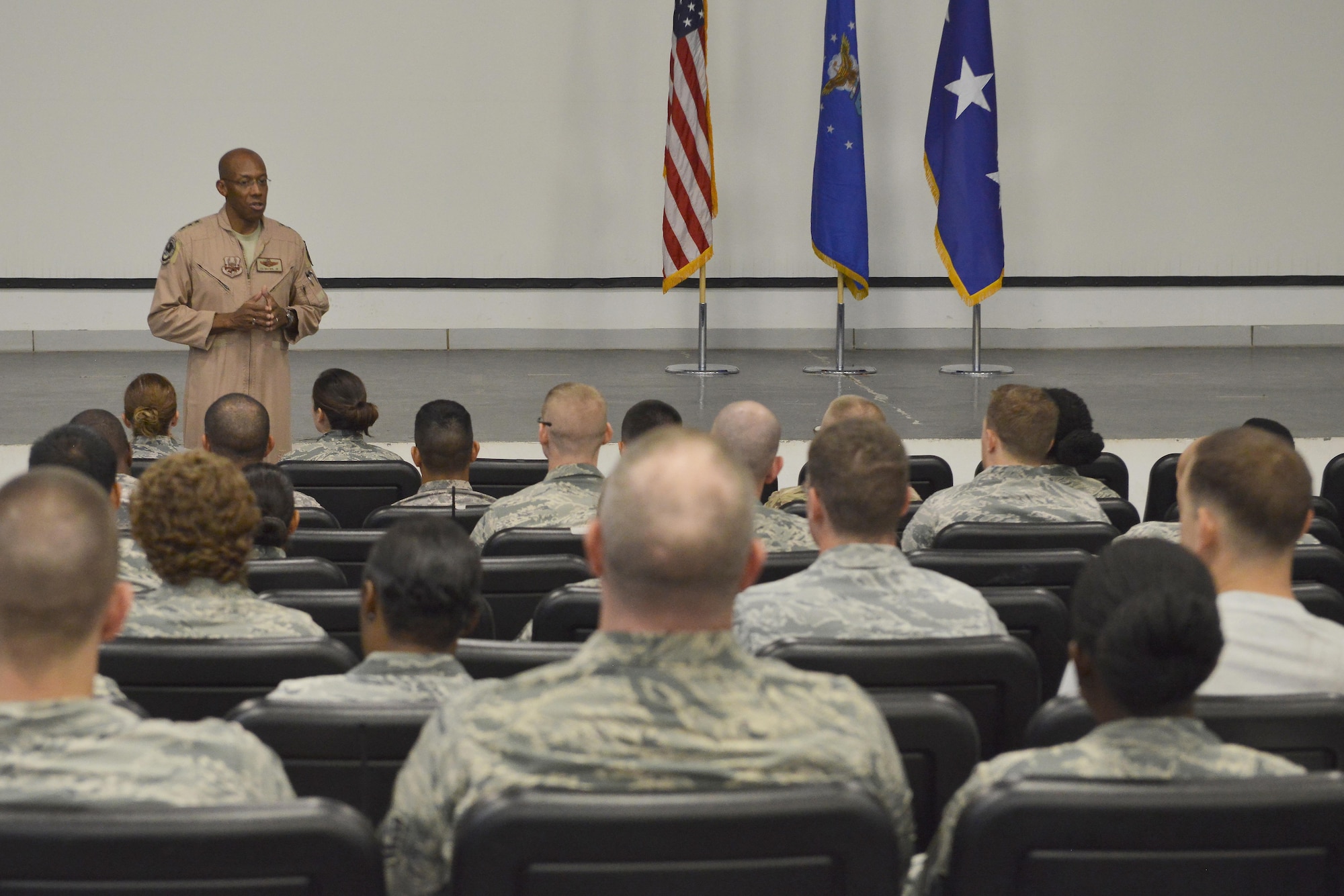 Lt. Gen. CQ Brown Jr., U.S. Air Forces Central Command commander, speaks to Al Udeid key personnel volunteers for the Combined Federal Campaign-Overseas program August 27, 2015 at Al Udeid Air Base, Qatar. CFC gives military members the opportunity to contribute through donations for various charities. The campaign will begin September 21st and conclude November 21st. (U.S. Air Force photo/Staff Sgt. Alexandre Montes)