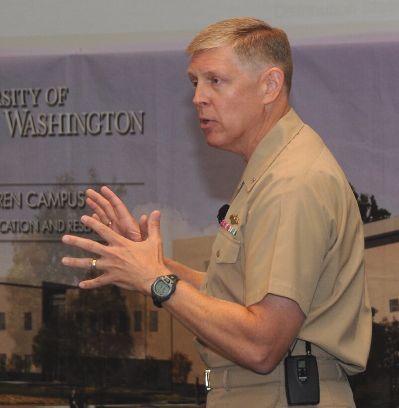 Naval Surface Warfare Center (NSWC) Commander Rear Adm. Lorin Selby speaks to unmanned systems experts from the government, industry, and academia at NSWC Dahlgren Division's second annual Unmanned Systems Integration Workshop and Technical Exchange Meeting, Aug. 19. Selby encouraged military innovators and business executives to overcome the challenges they face to obtain funding for new technologies that can rapidly become a program of record and deployed to the warfighter.