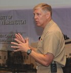 Naval Surface Warfare Center (NSWC) Commander Rear Adm. Lorin Selby speaks to unmanned systems experts from the government, industry, and academia at NSWC Dahlgren Division's second annual Unmanned Systems Integration Workshop and Technical Exchange Meeting, Aug. 19. Selby encouraged military innovators and business executives to overcome the challenges they face to obtain funding for new technologies that can rapidly become a program of record and deployed to the warfighter.