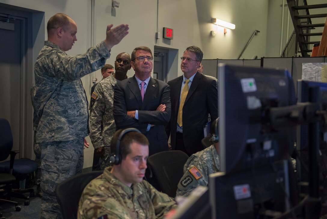 Defense Secretary Ash Carter receives a tour of the Combat Operations Division as he visits Nellis Air Force Base, Nev., Aug. 26, 2015. DoD photo by U.S. Air Force Master Sgt. Adrian Cadiz