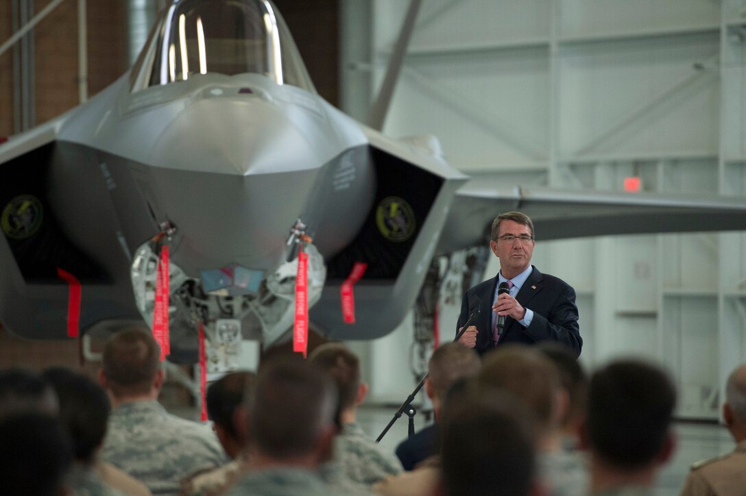 Defense Secretary Ash Carter speaks with service members while visiting Nellis Air Force Base, Nev., Aug. 26, 2015. DoD photo by Air Force Master Sgt. Adrian Cadiz