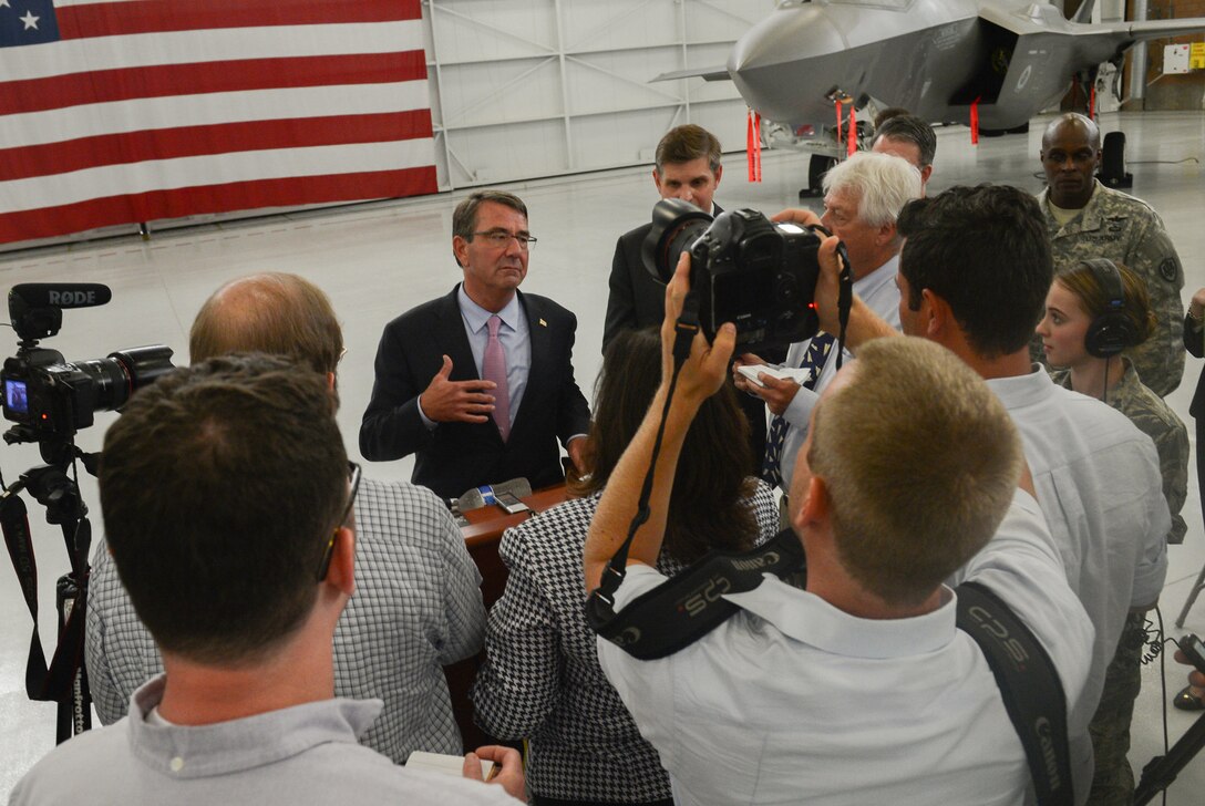 Defense Secretary Ash Carter speaks with reporters during a visit on Nellis Air Force Base, Nev., Aug. 26, 2015. DoD photo by U.S. Air Force Master Sgt. Adrian Cadiz