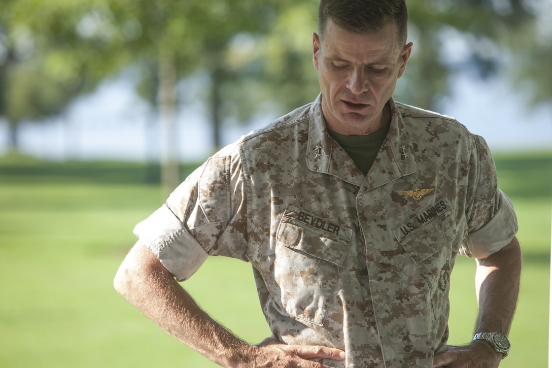 U.S. Marine Corps Maj. Gen. William D. Beydler, II Marine Expeditionary Force (II MEF) Commanding General, delivers his remarks on the Protect What You've Earned campaign on Camp Lejeune, N.C., Aug. 25, 2015. The campaign was created to encourage Marines to make the right decisions on and off duty. (U.S. Marine Corps photo by Lance Cpl. Sarah L. Blendowski, 2DMARDIV Combat Camera/Released)