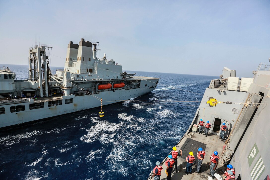 The RFA Fort Victoria delivers a 2-ton test weight before delivering goods to the USS Anchorage during a replenishment-at-sea. The Anchorage is deployed in support of maritime security operations and theater security cooperation efforts in the U.S. 5th Fleet area of operations. 