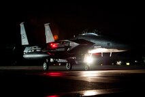An F-15E Strike Eagle taxies in preparation of take-off during an employment exercise 26 August 2015, Seymour Johnson Air Force Base, North Carolina. Exercise Coronet Warrior 15-01, was designed to test and practice Airmen’s ability to respond to threats anytime, anywhere. (U.S. Air Force photo/Master Sgt. Jocelyn L. Rich-Pendracki)