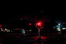 Aircraft maintainers perform a final, overall inspection of F-15E Strike Eagles just before they take off as part of an employment exercise 26 August 2015, Seymour Johnson Air Force Base, North Carolina. Exercise Coronet Warrior 15-01, was designed to test and practice Airmen’s ability to respond to threats anytime, anywhere. (U.S. Air Force photo/Master Sgt. Jocelyn L. Rich-Pendracki)