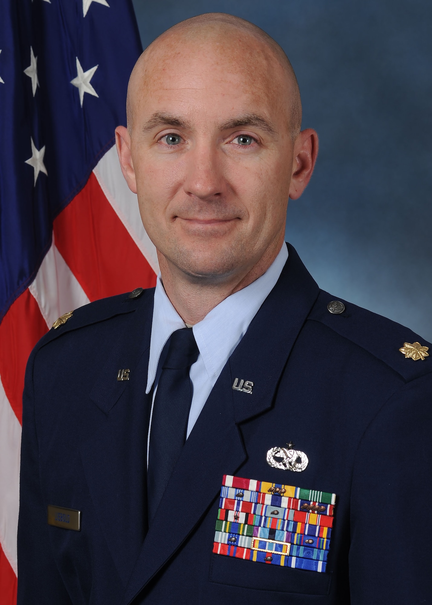 Maj. Timothy Liebold, Air Education and Training Command student and former maintenance operations officer at Malmstrom, poses for an official photograph at Malmstrom Air Force Base, Mont., April. 23, 2015. Liebold recently won the Lance P. Sijan award for 20th Air Force for his leadership skills and strong adherence to the Air Force core values. (U.S. Air Force photo/Staff Sgt. Delia Marchick) 
