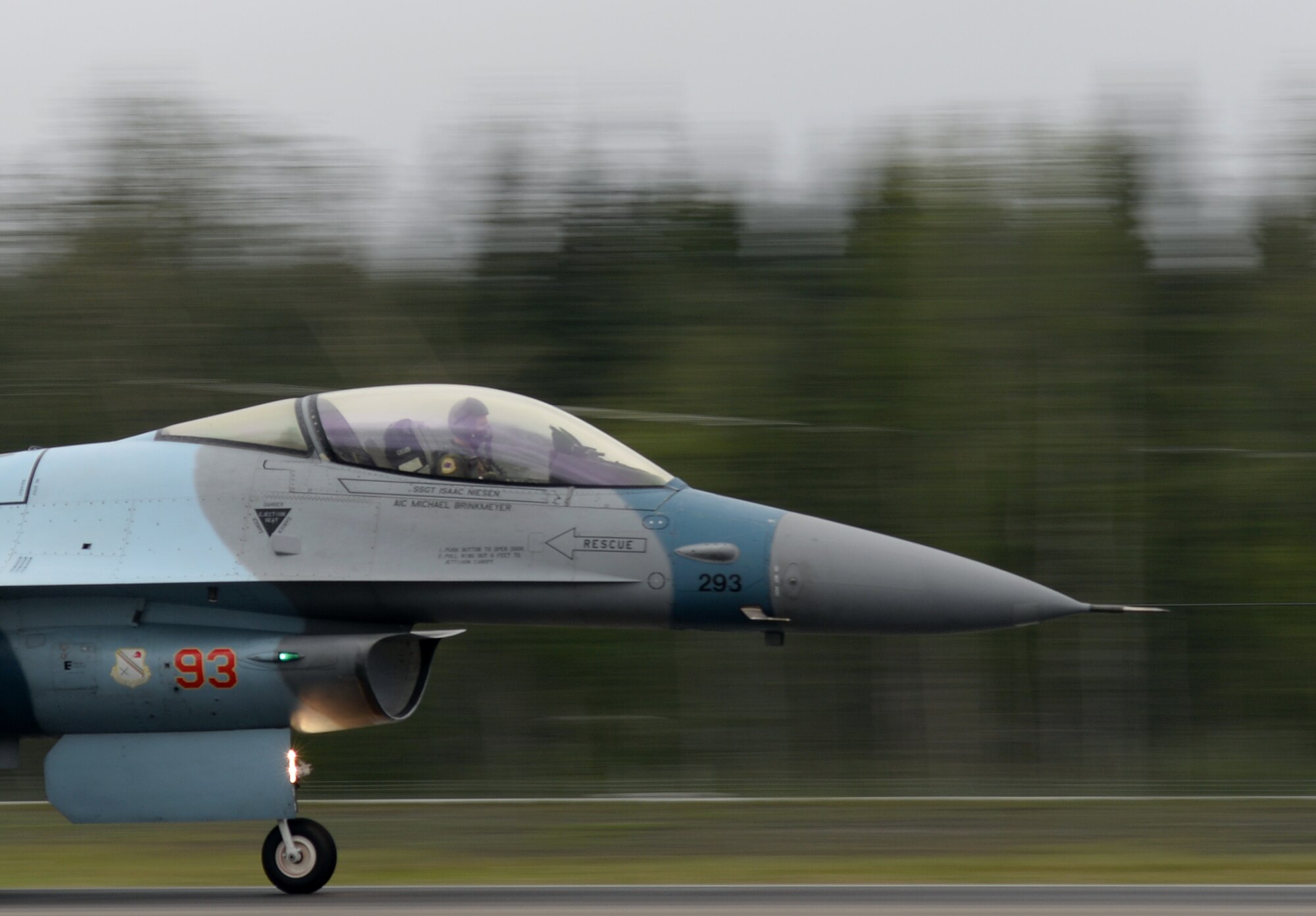 A U.S. Air Force F-16 Fighting Falcon assigned to the 18th Aggressor Squadron takes off from Eielson Air Force Base, Alaska, Aug. 10, 2015, during RED FLAG-Alaska (RF-A) 15-3. RF-A is a series of Pacific Air Forces commander-directed field training exercises for U.S. and partner nation forces, providing combined offensive counter-air, interdiction, close air support and large force employment training in a simulated combat environment. (U.S. Air Force photo by Master Sgt. Karen J. Tomasik/Released)