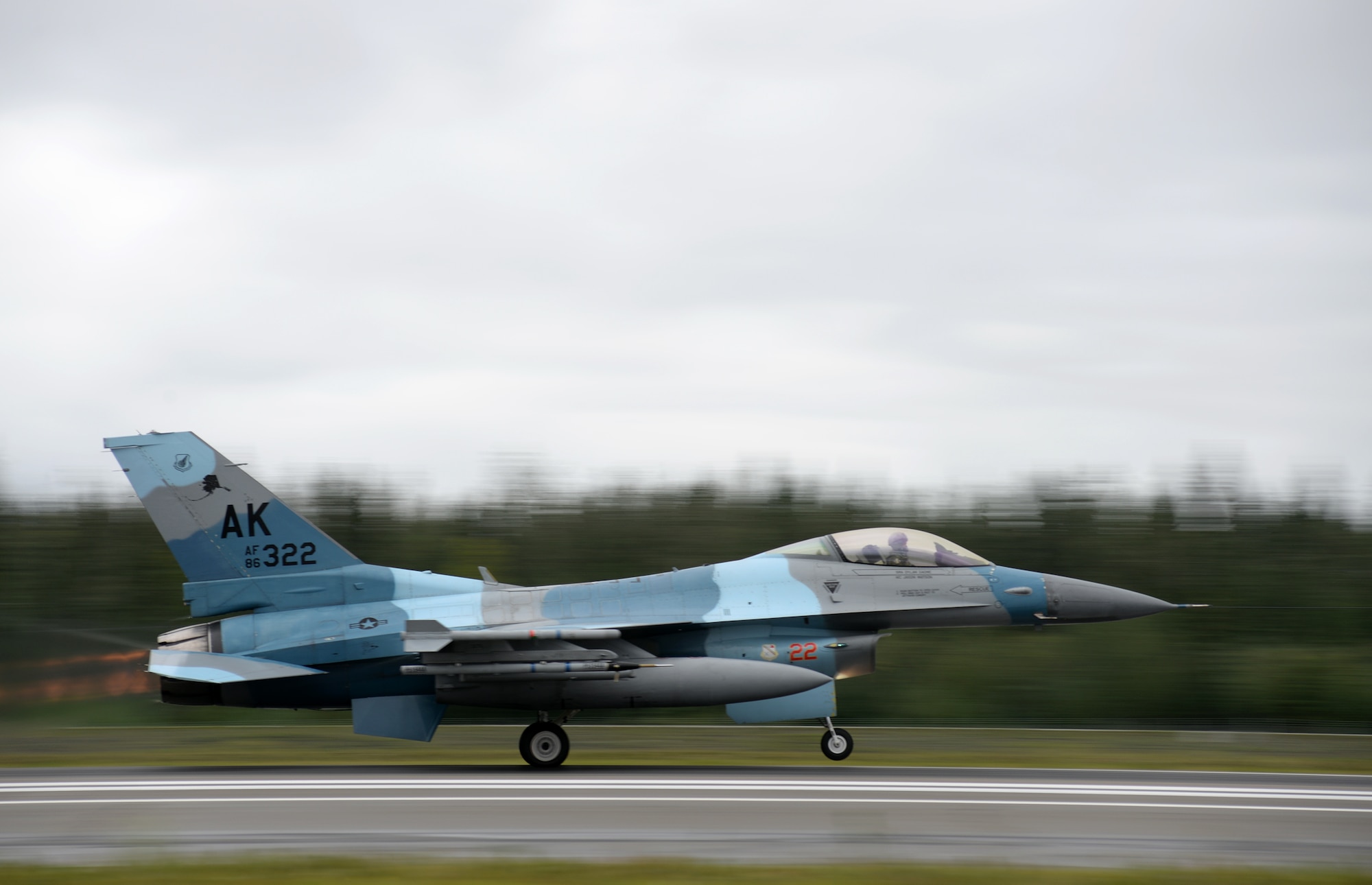 A U.S. Air Force F-16 Fighting Falcon assigned to the 18th Aggressor Squadron takes off from Eielson Air Force Base, Alaska, Aug. 10, 2015, during RED FLAG-Alaska (RF-A) 15-3. RF-A is a series of Pacific Air Forces commander-directed field training exercises for U.S. and partner nation forces, providing combined offensive counter-air, interdiction, close air support and large force employment training in a simulated combat environment. (U.S. Air Force photo by Master Sgt. Karen J. Tomasik/Released)