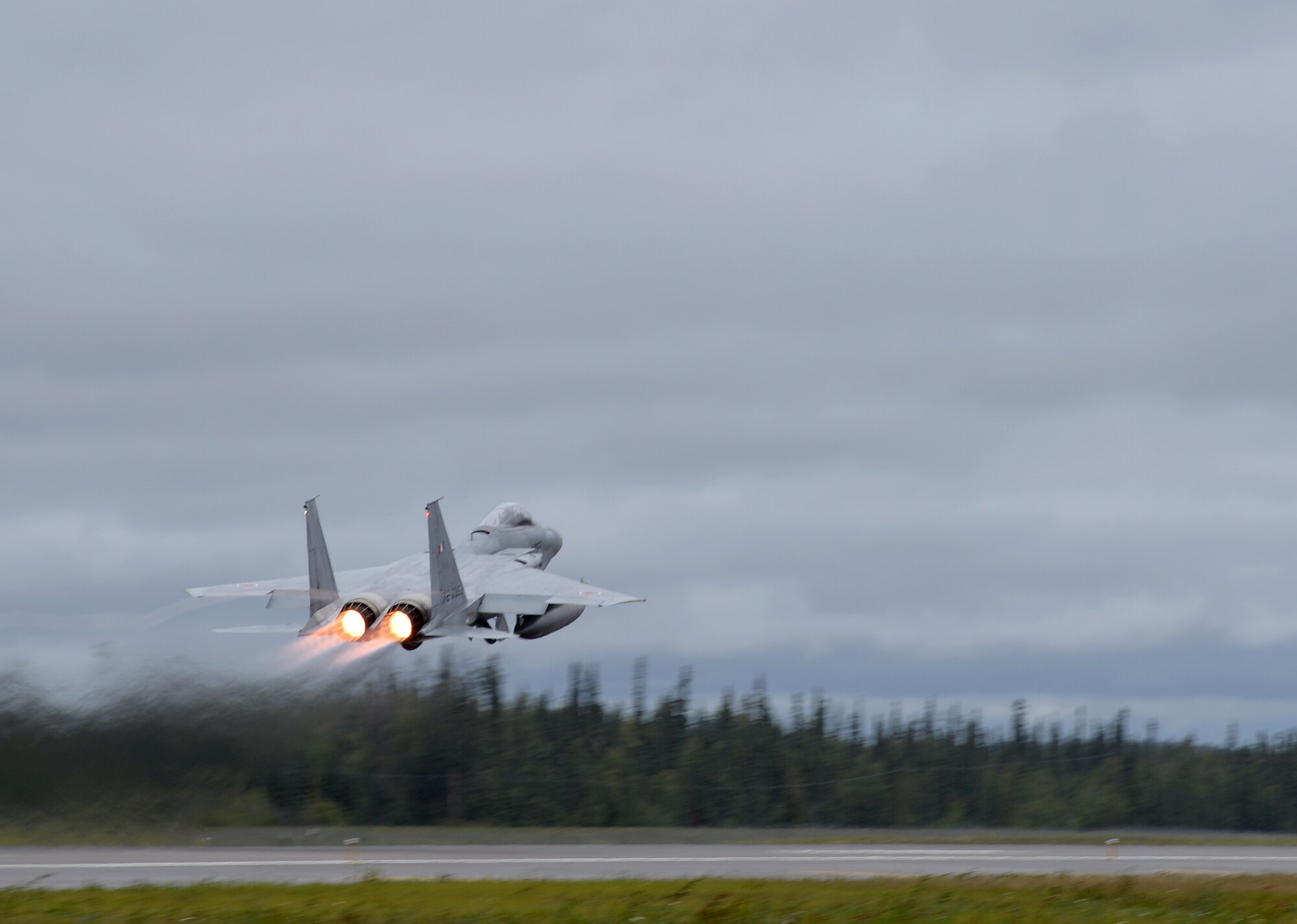 A Japan Air Self-Defense Force (JASDF) F-15J Eagle takes off from Eielson Air Force Base, Alaska, Aug. 10, 2015, during RED FLAG-Alaska (RF-A) 15-3. JASDF and Republic of Korea Air Force units are deployed to Eielson along with assorted tanker, transport, fighter and electronic warfare aircraft and support personnel from multiple U.S. service branches for RF-A, a series of Pacific Air Forces commander-directed field training exercises for U.S. and partner nation forces, providing combined offensive counter-air, interdiction, close air support, and large force employment training in a simulated combat environment. (U.S. Air Force photo by Master Sgt. Karen J. Tomasik/Released)