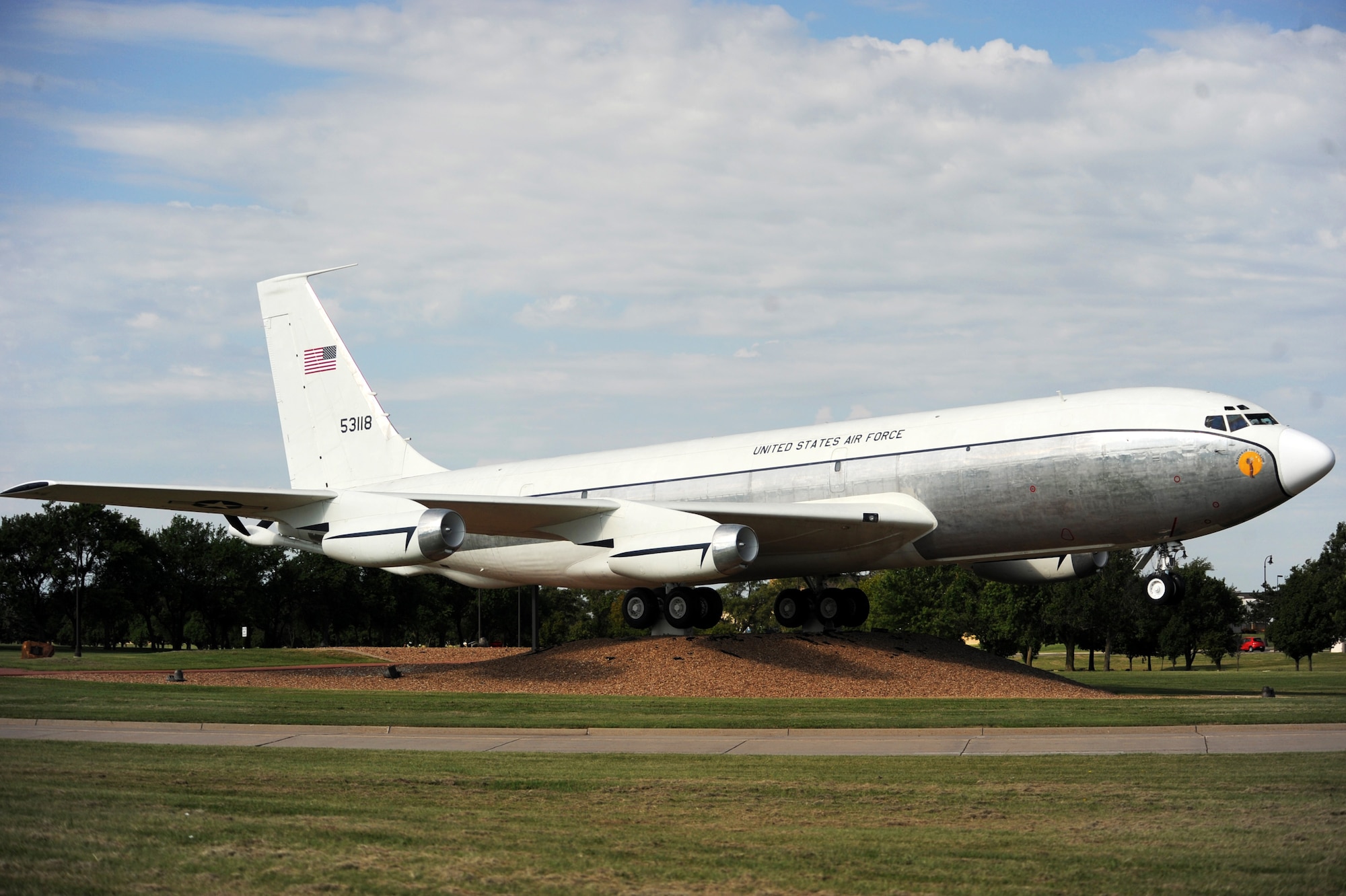 Aircraft 55-3118 sits on display, Aug. 13, 2015, near the east gate of McConnell Air Force Base, Kan. The aircraft completed its first flight on Aug. 31, 1956 and was the first of 732 KC-135 Stratotankers delivered to the Air Force. Nicknamed “City of Renton” after the Washington city where it was manufactured, the Stratotanker was retired after decades of service in the Air Force and more than 40 years after its first flight. (U.S. Air Force photo by Airman Jenna Caldwell)
