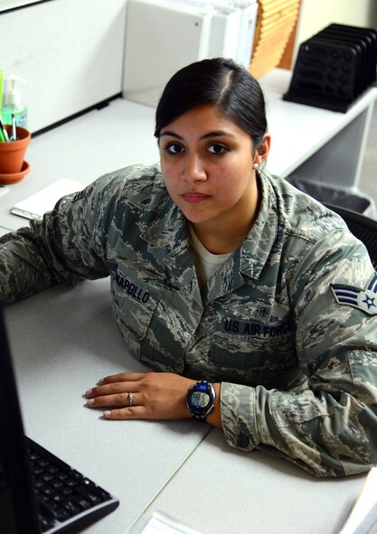 Senior Airman Linda “Stephanie” Iannapollo, 341st Medical Operation Squadron pediatric medical office manager poses for a photo in the pediatric clinic Aug. 12, 2015, at Malmstrom Air Force Base, Mont. Iannapollo has made a name for herself by exhibiting exceptional workplace skills serving in medical for the past four years. (U.S. Air Force photo/Airman 1st Class Magen M. Reeves)