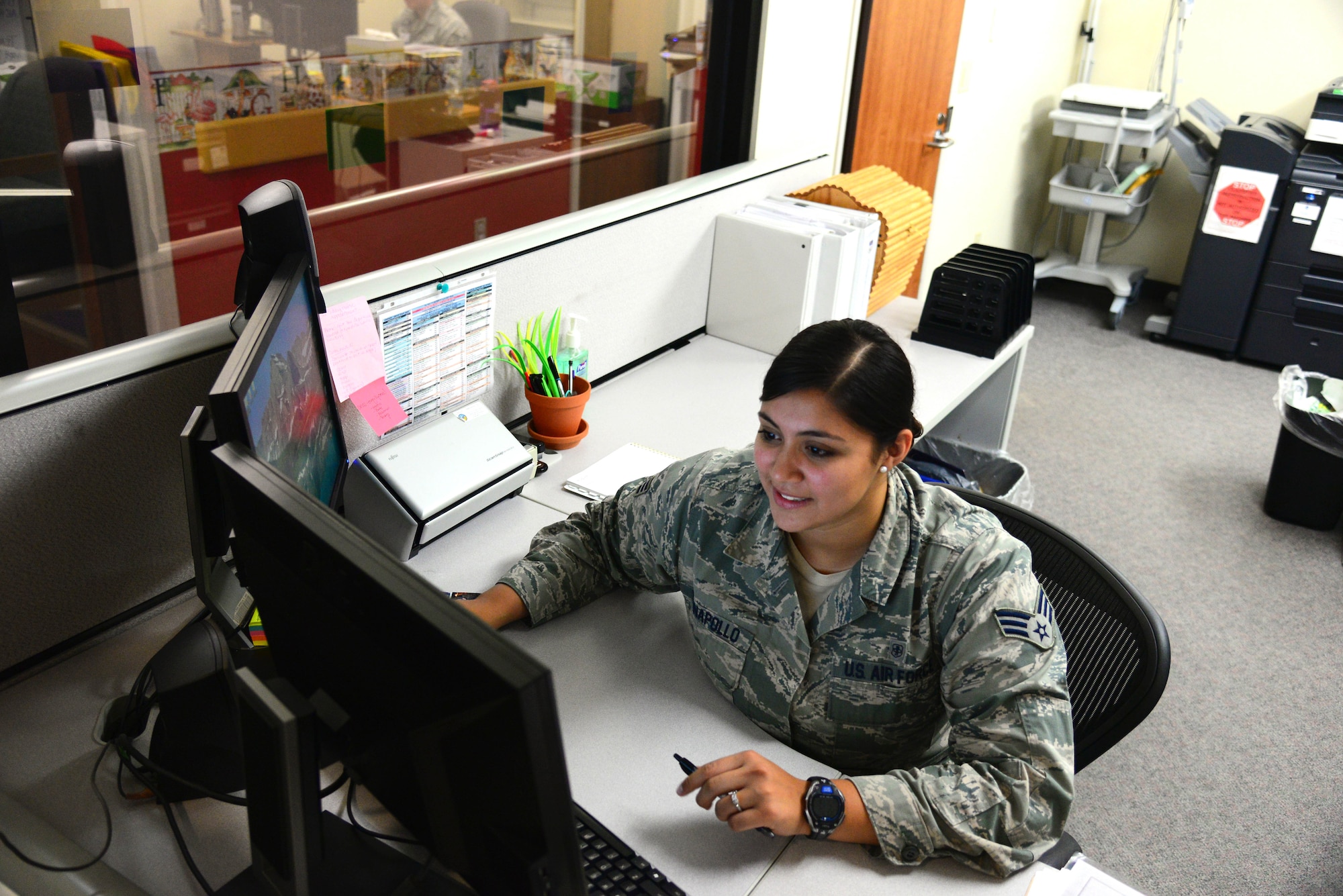 Senior Airman Linda “Stephanie” Iannapollo, 341st Medical Operation Squadron pediatric medical office manager signs up a dodgeball team for the Aug. 29 dodgeball tournament, Aug. 12, 2015, at Malmstrom Air Force Base, Mont. Iannapollo spends much of her free time volunteering to coordinate events with the Airman’s Council to improve life for Airmen on base. (U.S. Air Force photo/Airman 1st Class Magen M. Reeves)