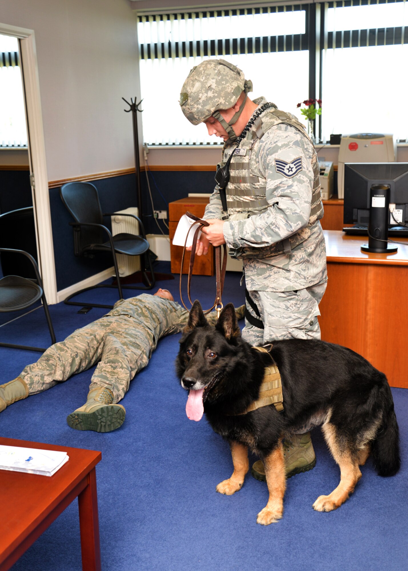 U.S. Air Force Staff Sgt. Roy Carter, right, 100th Security Forces Squadron Military Working Dog handler, checks an exercise inject for a victim of a simulated active shooter as MWD Luc helps him clear a room during an exercise Aug. 25, 2015, on RAF Mildenhall, England. As part of an emergency lockdown exercise, a simulated armed assailant was on base testing service members’ reactions to the scenario. (U.S. Air Force photo by Karen Abeyasekere/Released)