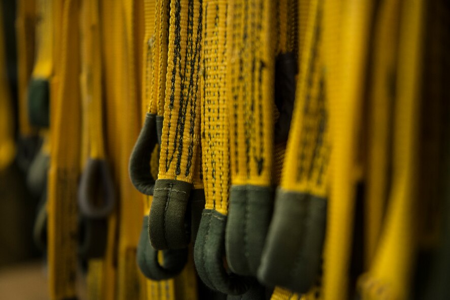 Static-lines hang before a static line combat-equipment jump Aug. 25, 2015, at Moody Air Force Base, Ga. The jump will help members of the 820th Base Defense Group maintain airborne qualifications and assist Airmen in qualifying for jumpmaster school. The 820th BDG will host jumpmaster school later this year in November. (U.S. Air Force photo by Airman 1st Class Ceaira Tinsley/Released)