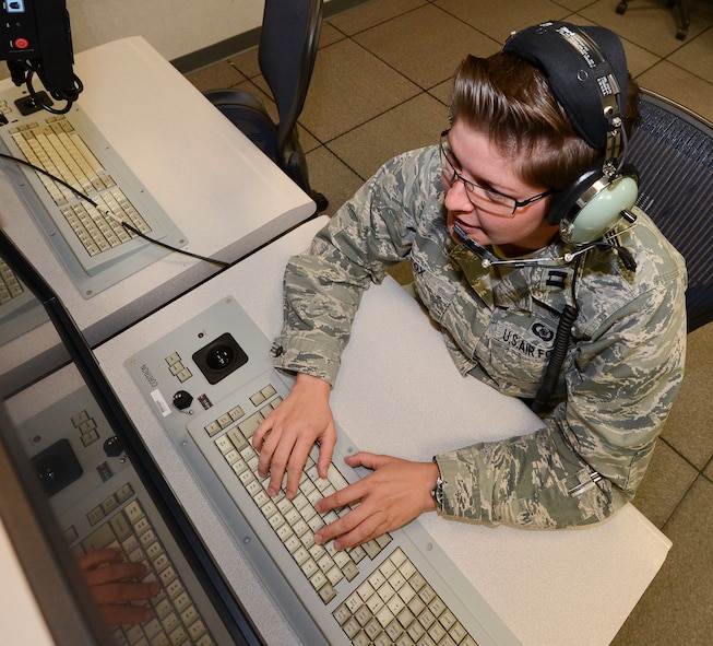 Capt. Caitlin Fox, 461st Air Control Wing J-STARS senior director, participated in the recent joint exercise at Robins Air Force Base, Georgia. The exercise married the Air Force's premier live exercise with a virtual exercise to provide effective, cost-efficient air, space and cyberspace training. (U.S. Air National Guard photo/Tech. Sgt. Regina Young) 