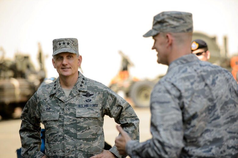 Lt. Gen. Tim Ray, 3rd Air Force and 17th Expeditionary Air Force commander meets Airmen at Ramstein Air Base, Germany Aug. 6, 2015. Ray visited the 435th AGOW and 435th Air Expeditionary Wing to view what they brought to the European and African theaters of operation. (U.S. Air Force photo/ Staff Sgt. Armando A. Schwier-Morales)