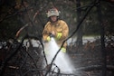Senior Airman Brandon L. Ehlers, a firefighter with the 106th Rescue Wing, sprays down a burned area of woods Aug. 21, 2015, in Westhampton Beach, N.Y. Multiple agencies and fire departments responded to a major brush fire in the area. Firefighters from the 106th RQW checked for hot spots, which was a serious concern due to the dry weather during the previous week. (New York Air National Guard photo/Staff Sgt. Christopher S. Muncy)