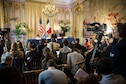 Jane D. Hartly, the U.S. ambassador to France, Airman 1st Class Spencer Stone and his two friends speak at a press conference in Paris Aug. 23, 2015, following a foiled attack on a French train. Stone was on vacation with his childhood friends, Army Spc. Aleksander Skarlatos and Anthony Sadler, when an armed gunman entered their train carrying an assault rifle, a handgun and a box cutter. The three men, with the help of a British passenger, subdued the gunman after his rifle jammed. (U.S. Air Force photo/Tech. Sgt. Ryan Crane)