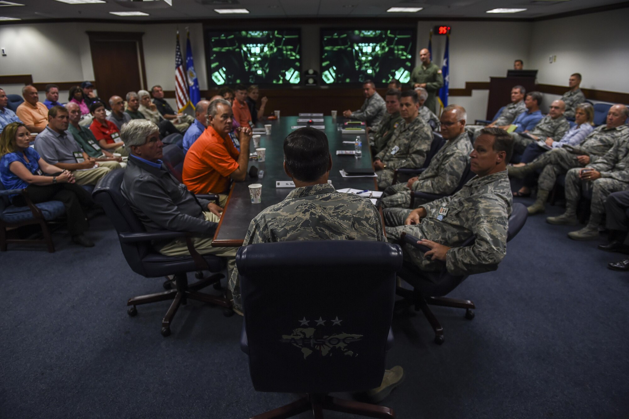 Lt. Gen. Brad Heithold, commander of Air Force Special Operations Command, leads a mission brief at Hurlburt Field, Fla., Aug. 26, 2015. AFSOC represented the Air Force portion of the Secretary of Defense’s Senior Leader Engagement Program tour, in which more than 20 national civic leaders attended. (U.S. Air Force photo by Airman 1st Class Ryan Conroy)
