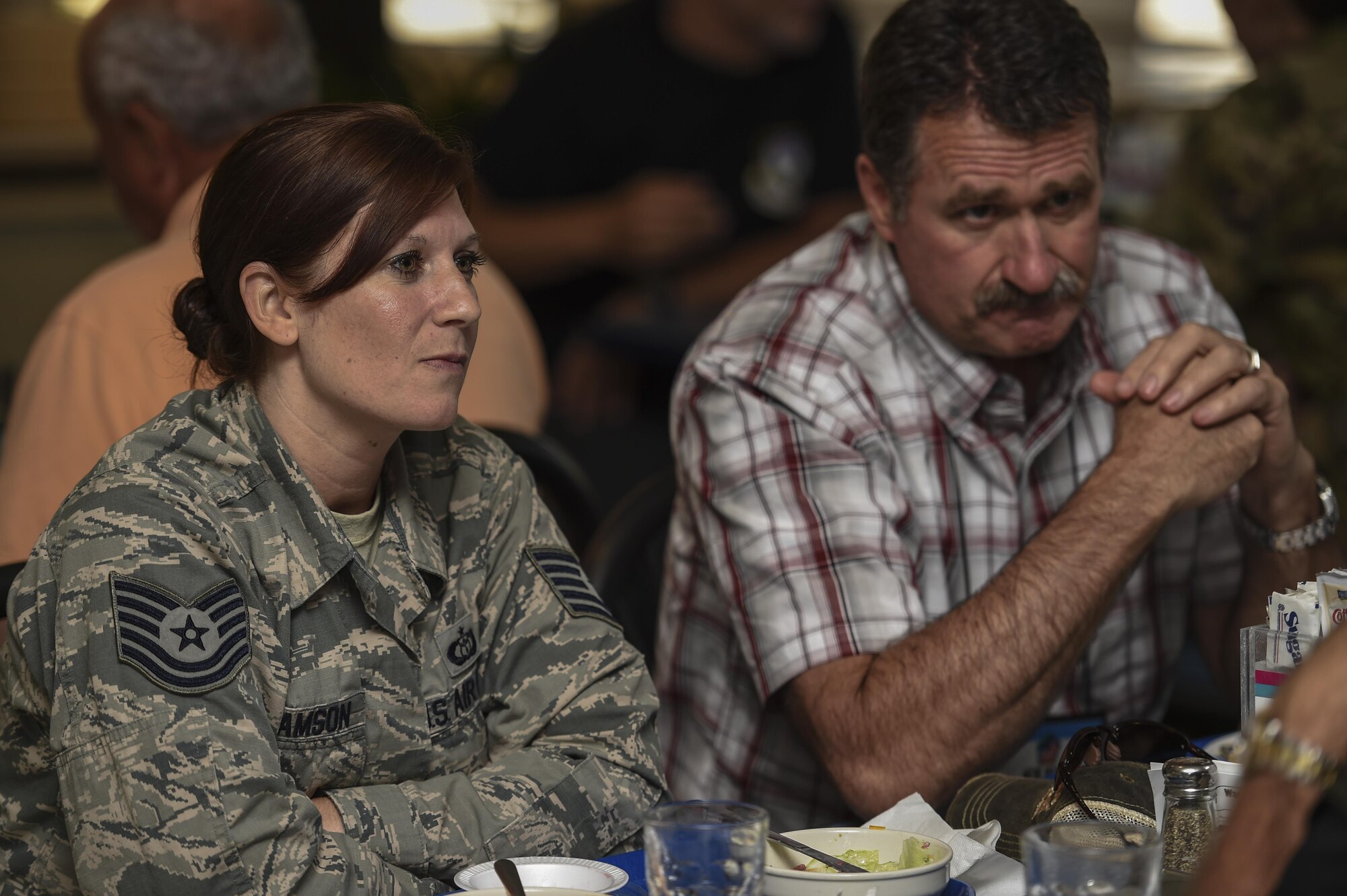 National civic leaders talk to Airmen during lunch at Hurlburt Field, Fla., Aug. 26, 2015. More than 20 civic leaders toured Air Force Special Operations Command as part of the Secretary of Defense’s Senior Leader Engagement Program. AFSOC represented the Air Force portion of the weeklong SLEP tour, which included stops at Army, Navy, Marine and Coast Guard components. (U.S. Air Force photo by Airman 1st Class Ryan Conroy)