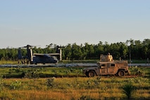 Air Commandos with the 24th Special Operations Wing conduct simulated security as CV-22 Ospreys prepare to land on Eglin Range Complex, Fla., Aug. 26, 2015. More than 20 national civic leaders were onboard the Osprey as part of the Senior Leader Engagement Program tour. AFSOC represented the Air Force portion of the weeklong tour, which included stops at Army, Navy, Marine and Coast Guard components. (U.S. Air Force photo by Airman Kai White/Released)
