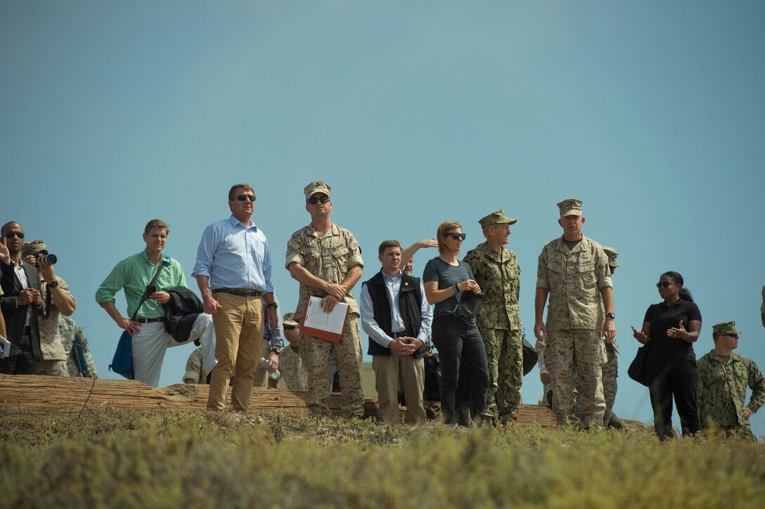 Defense Secretary Ash Carter, front left, observes a beach assault demonstration during a visit on Camp Pendleton Calif., Aug. 27, 2015. DoD photo by U.S. Air Force Master Sgt. Adrian Cadiz