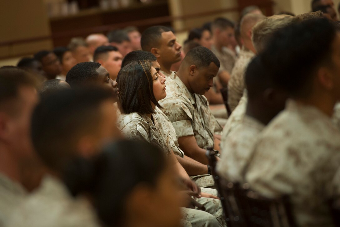 Marines listen as Defense Secretary Ash Carter speaks to the group during a visit on Camp Pendleton Calif., Aug. 27, 2015. DoD photo by U.S. Air Force Master Sgt. Adrian Cadiz