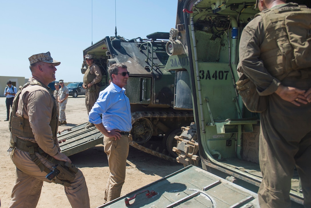 Defense Secretary Ash Carter tours an assault amphibious vehicle during a visit on Camp Pendleton Calif., Aug. 27, 2015. DoD photo by U.S. Air Force Master Sgt. Adrian Cadiz