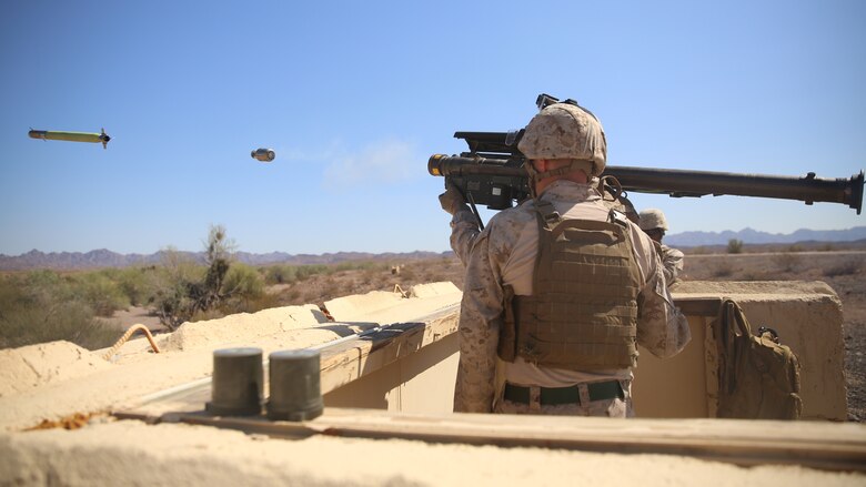 Lance Cpl. Cody Potts, student, Low Altitude Air Defense Gunner’s Course 3-15, shoots the FIM-92 Stinger Missile during the class’ culminating exercise aboard Yuma Proving Ground, Ariz., Aug. 22, 2015. Throughout the two-month course, all thirty students were taught the basics of the stinger missile.  (Official Marine Corps photo by Cpl. Charles Santamaria/ Released)